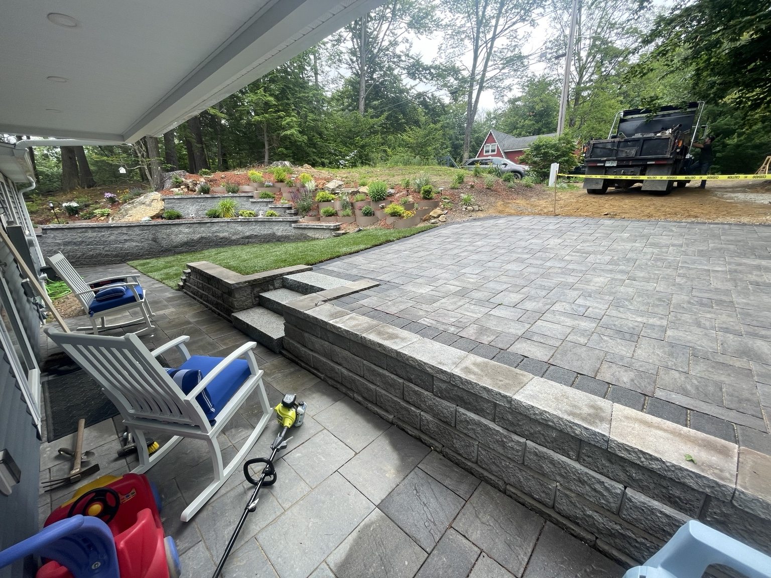 Outdoor living patio and seating wall